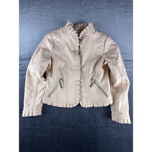 Joujou Girls Pink Faux Leather Ruffle Moto Jacket Size Small 8 Biker Coat